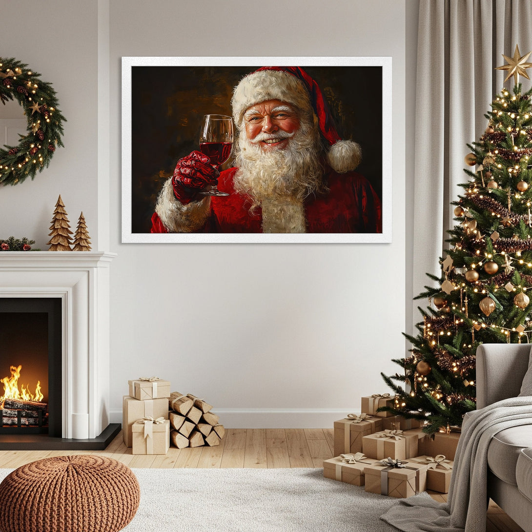 Framed Poster featuring Santa Claus raising a glass. Festive art in red, white, and gold. Perfect Christmas decor!