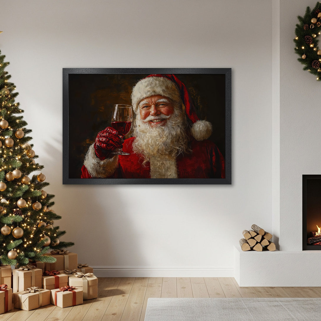 Framed Poster featuring Santa Claus toasting with red wine, festive Christmas decor, warm red & gold palette. Perfect holiday gift!