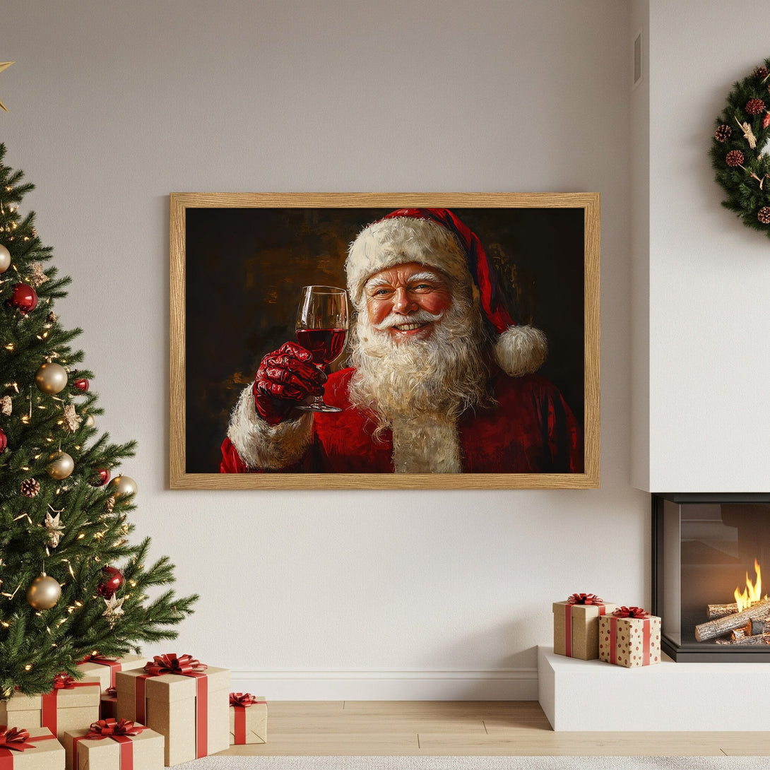 Framed Poster featuring Santa Claus with a glass of wine, festive style, warm red and gold color palette. Perfect Christmas decor!