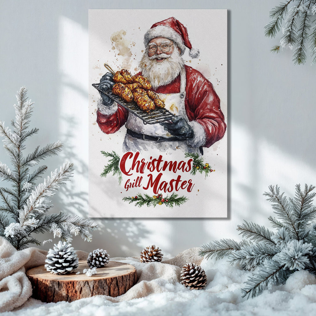 Framed Wall Art: Watercolor Santa grilling, festive Christmas decor. Warm red, gold, and green color palette. Perfect holiday gift idea!