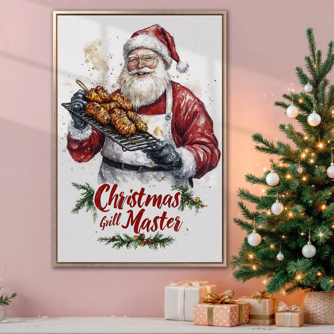 Framed Wall Art: Watercolor Santa grilling. Festive Christmas decor with red, white, and gold color palette. Perfect holiday gift idea!