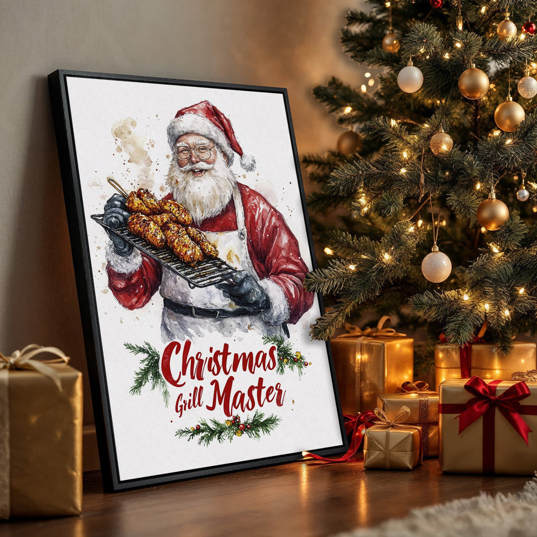 Framed Wall Art: Watercolor Santa grilling, festive Christmas decor in red, gold, and green. Perfect holiday gift for a cozy, warm home.
