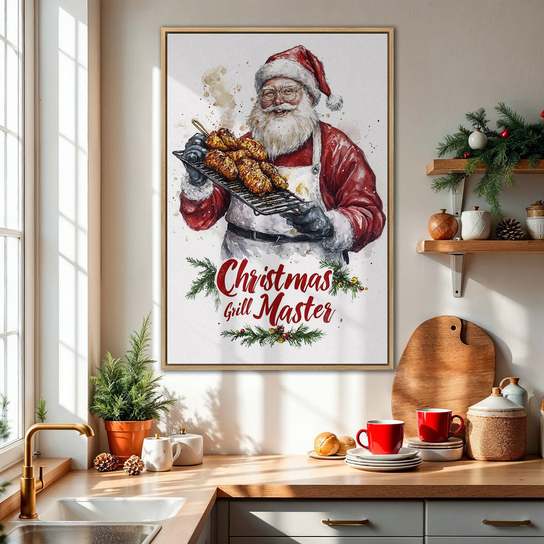 Framed Wall Art featuring Santa as a "Christmas Grill Master" in watercolor style. Festive red & white color palette, perfect for holiday kitchen decor.