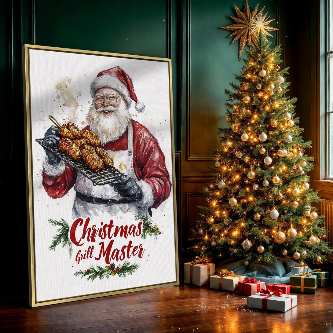 Canvas Print: Watercolor Santa grilling, festive Christmas art in red, white, and brown. Perfect holiday decor!