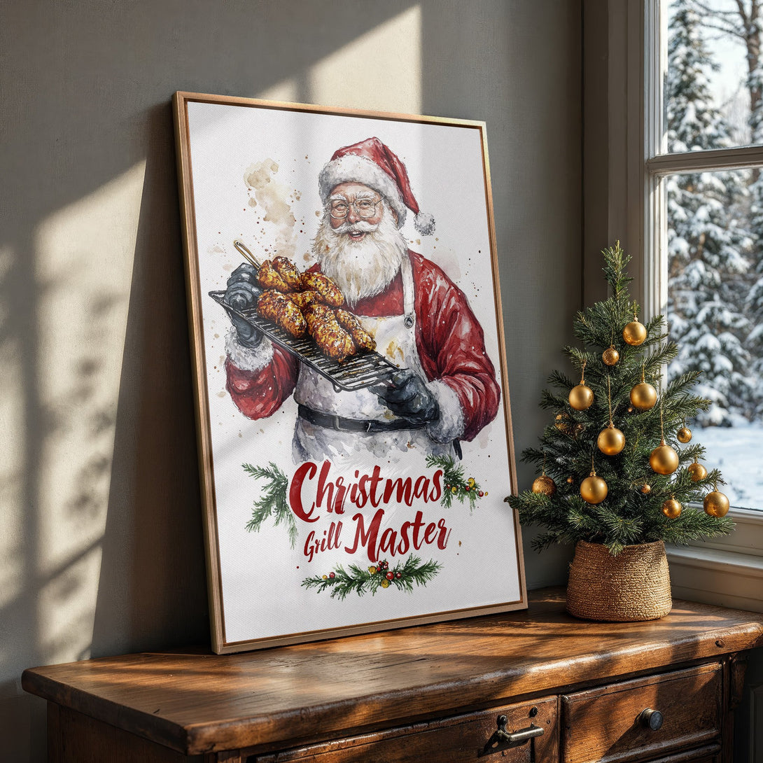 Framed Wall Art: Watercolor Santa grilling. Festive red & white palette. Perfect Christmas decor. Adds holiday cheer to any room. Shop now!