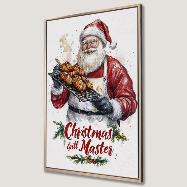 Framed Wall Art featuring Santa grilling. Watercolor style with red, white, and brown tones. Perfect Christmas decor for the grill master!
