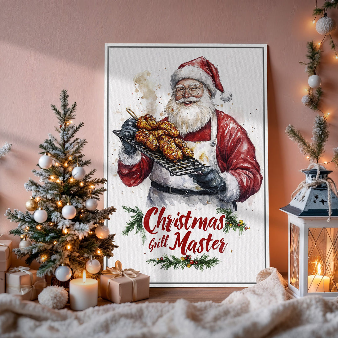 Framed Wall Art: Watercolor Santa grilling, festive Christmas decor. Red, white, and green color palette. Perfect holiday gift!