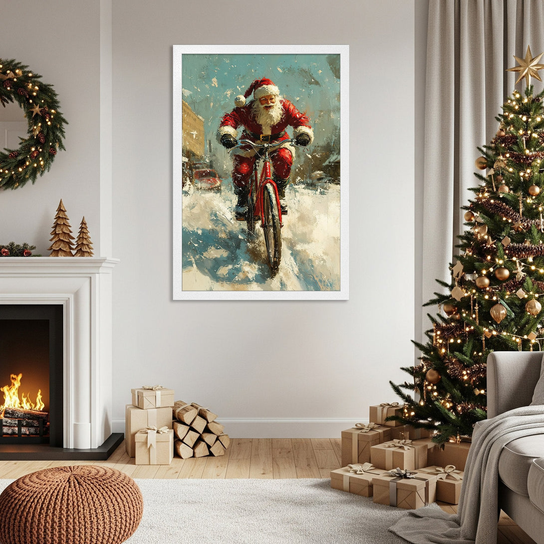 Framed Poster of Santa on a Bike. Festive art in a painterly style with red, blue, and white color palette. Perfect Christmas decor!