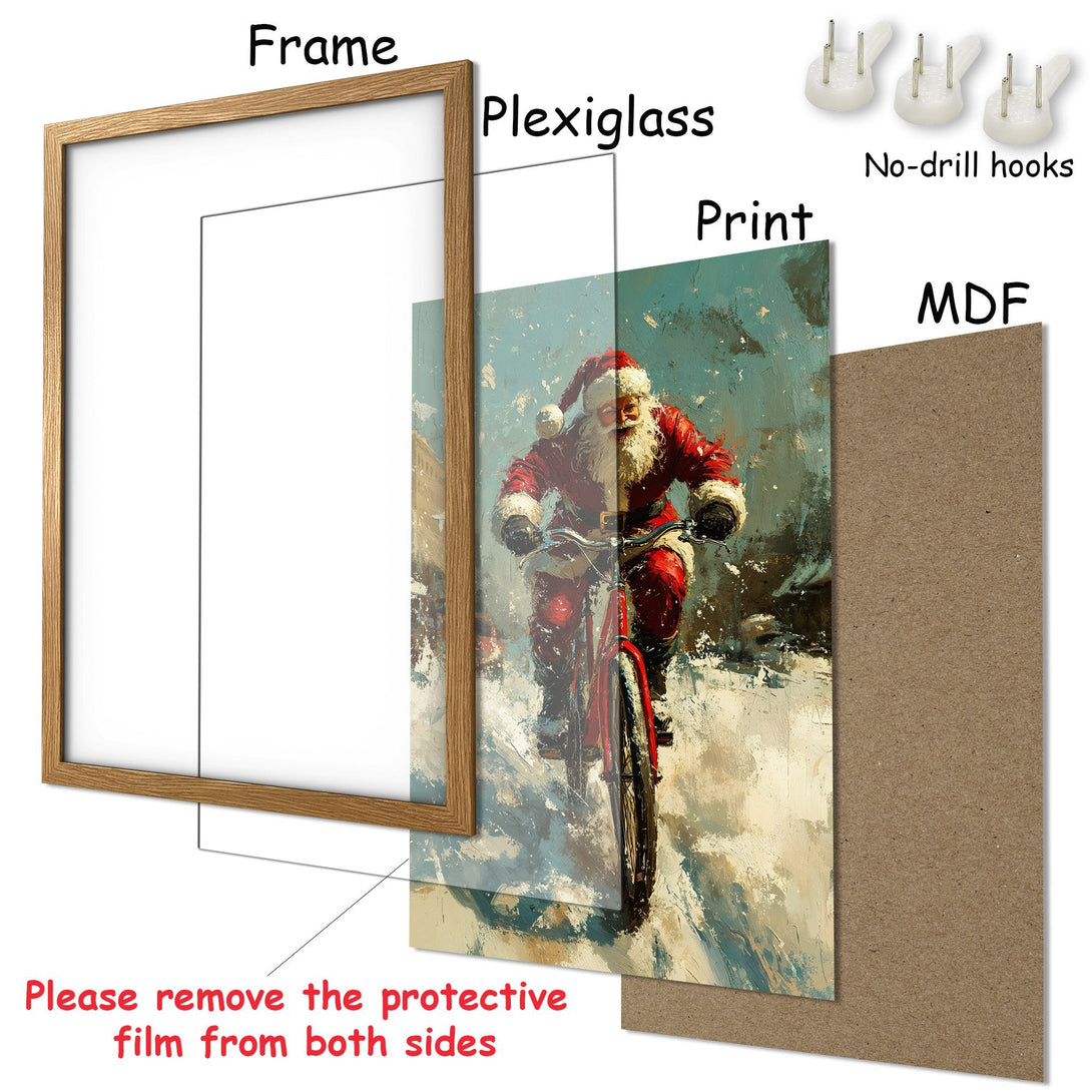 Framed Poster featuring Santa Claus on a bike in a painterly style with a red, blue, and white color palette. Perfect Christmas decor!