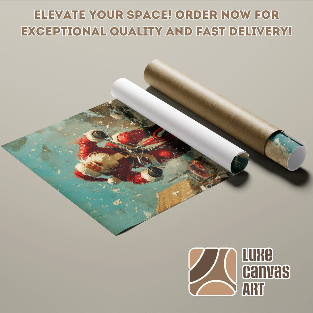 Poster Roll of Santa Claus art in teal, red, and gold. Elevate your space with Luxe Canvas Art!