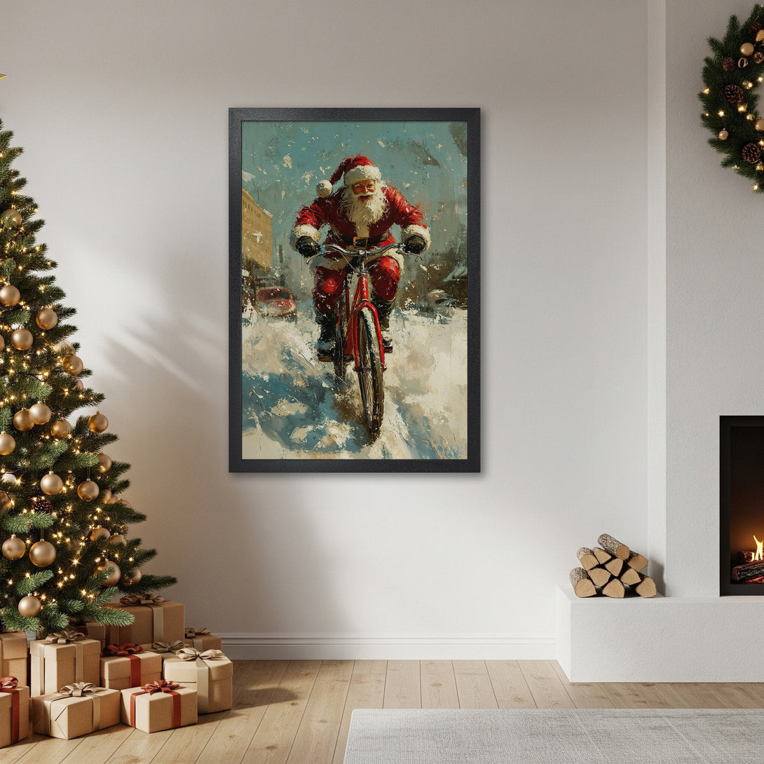 Framed Poster featuring Santa Claus riding a bike in winter, artistic style with red, white, and blue color palette. Perfect Christmas decor!