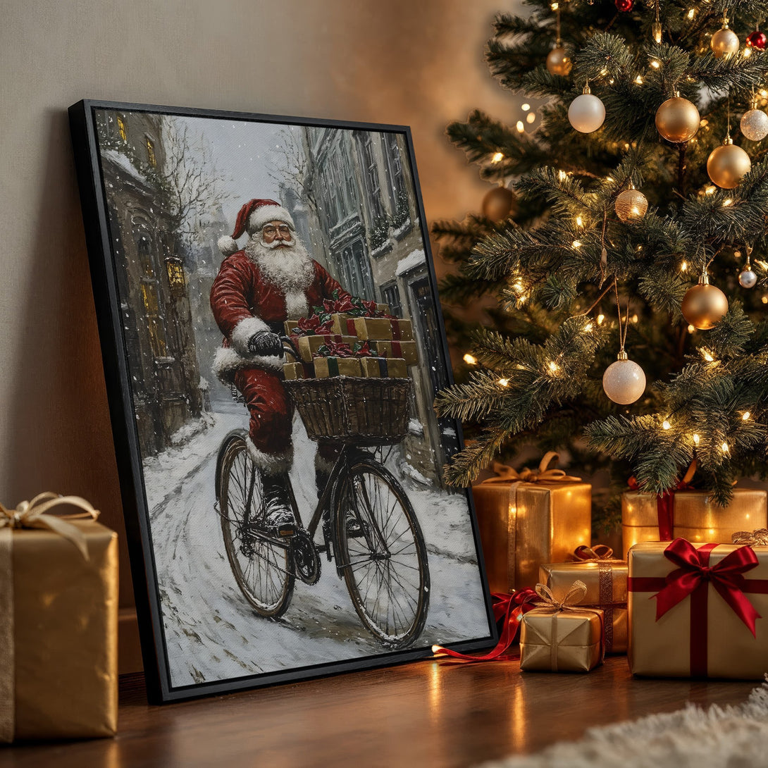 Framed Wall Art featuring Santa on a bicycle, vintage style, snowy scene, warm tones of red, gold, and gray. Perfect Christmas decor!