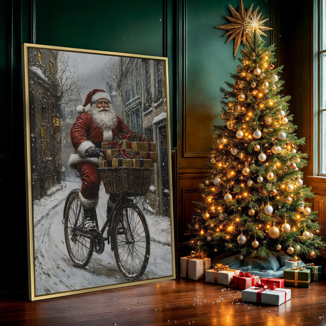 Canvas Print of Santa Claus on a bicycle, classic winter scene in a muted, warm color palette. Perfect Christmas wall art!