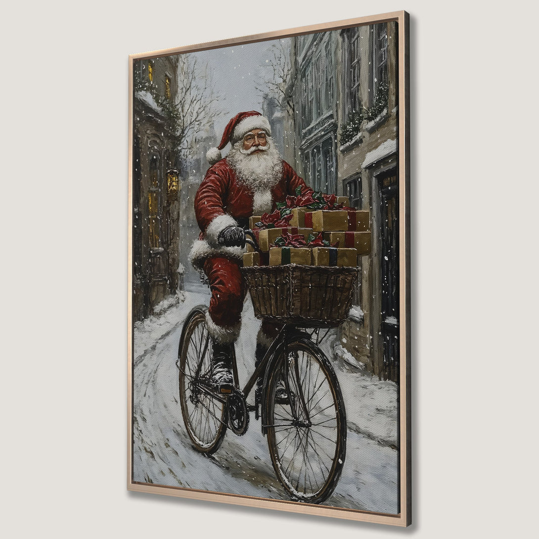 Framed Wall Art: Santa on a bike delivering gifts in a snowy street scene. Vintage style, warm red and neutral color palette, perfect Christmas decor.