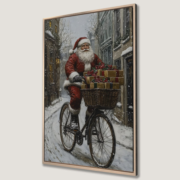 Framed Wall Art: Santa on a bike delivering gifts in a snowy street scene. Vintage style, warm red and neutral color palette, perfect Christmas decor.