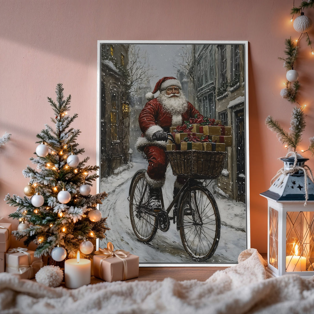 Framed Wall Art: Santa Claus on a bicycle in a snowy scene. Vintage style, warm red and grey color palette. Perfect Christmas decor.