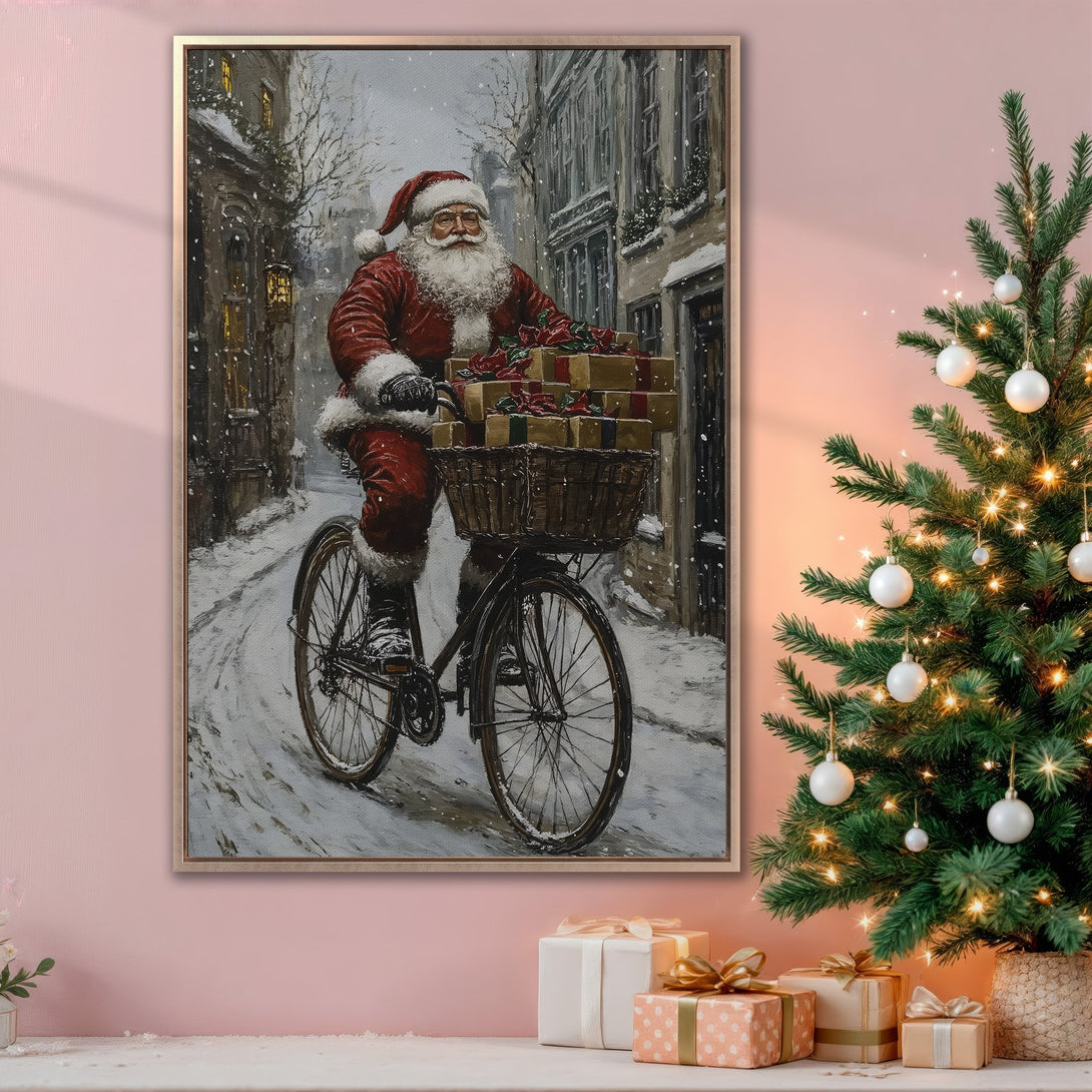 Framed Wall Art: Santa Claus on a bike in a snowy scene. Vintage style painting with red, white, and gray tones. Perfect Christmas decor!