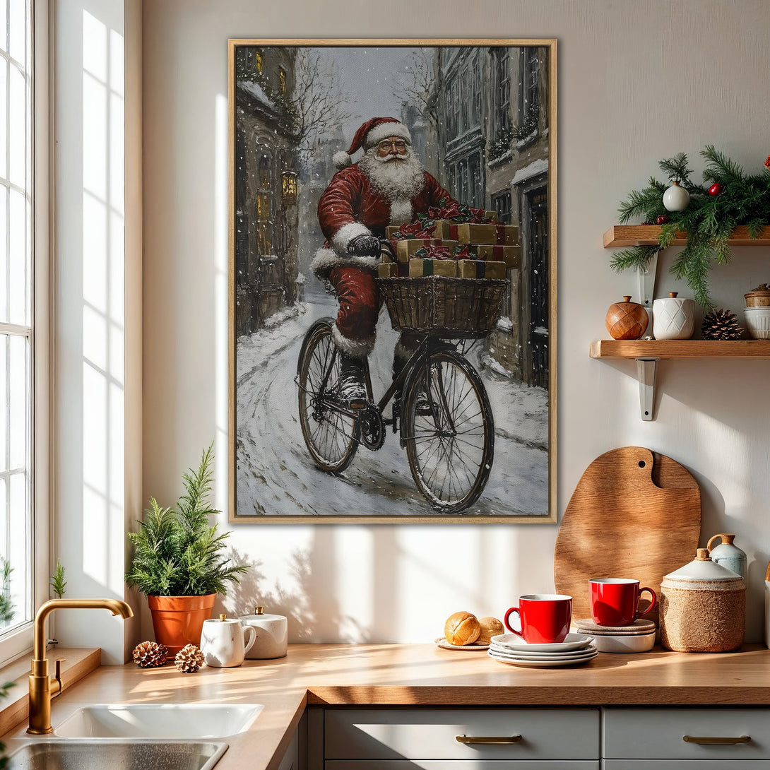 Framed Wall Art: Santa Claus riding bike in a snowy street scene. Festive red and brown color palette. Perfect Christmas decor for your home.