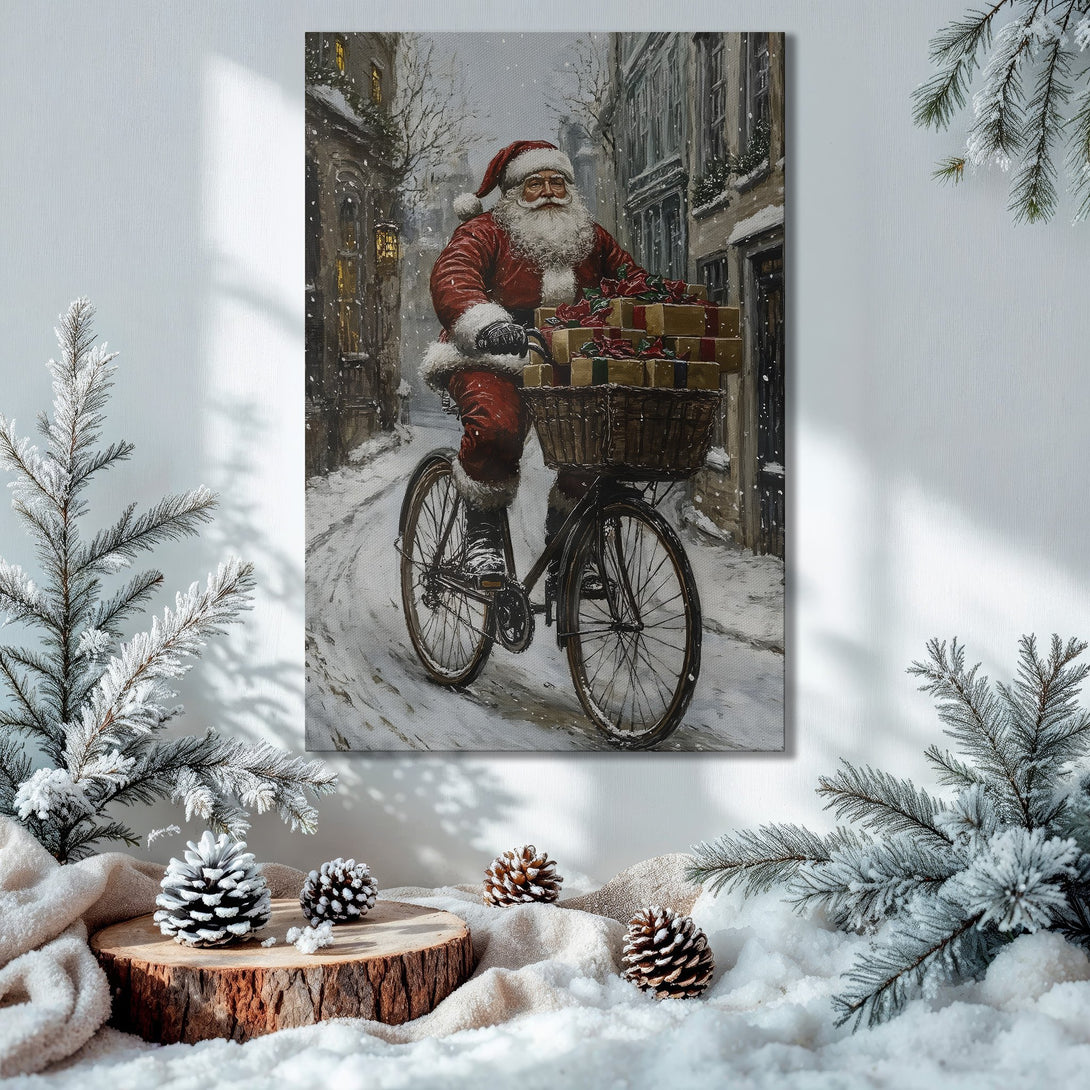 Framed Wall Art: Santa Claus on a bike in a snowy scene. Classic style, warm red and neutral color palette. Perfect Christmas decor.