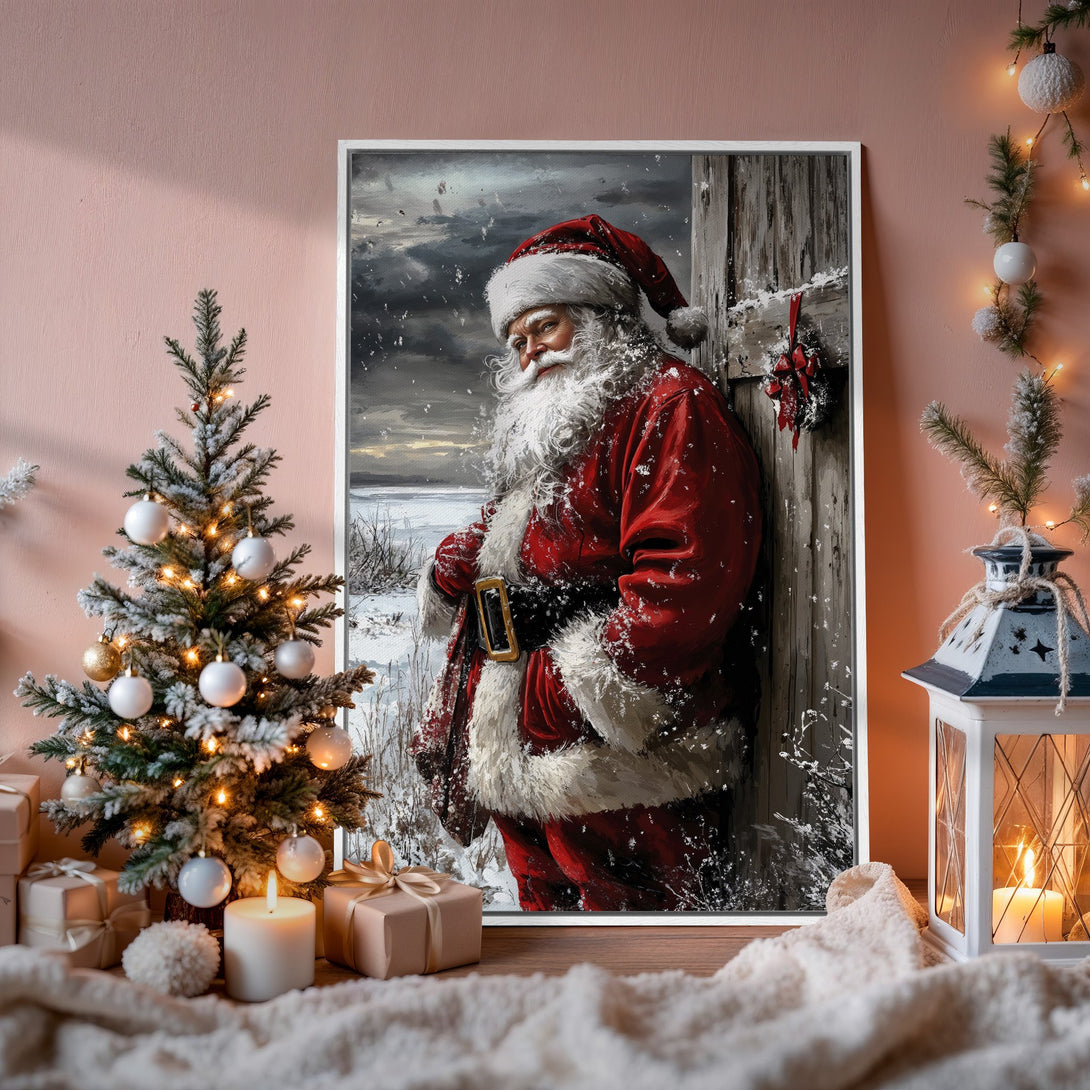 Framed Wall Art featuring Santa Claus in a winter scene. Festive red and white palette, perfect for holiday decor. Add warmth & joy to your home!