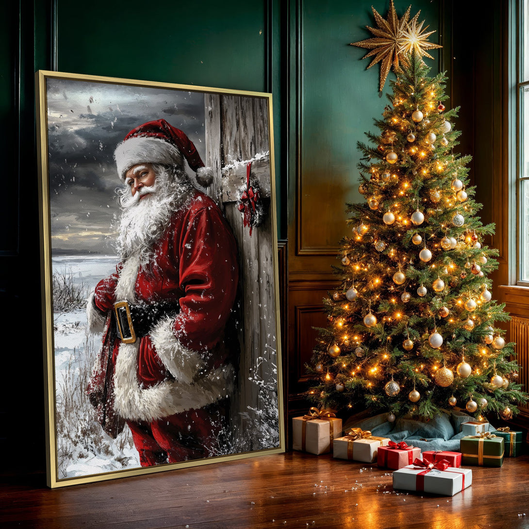 Canvas Print of Santa Claus in a winter scene, featuring a red and white color palette. Festive wall art for Christmas decor.
