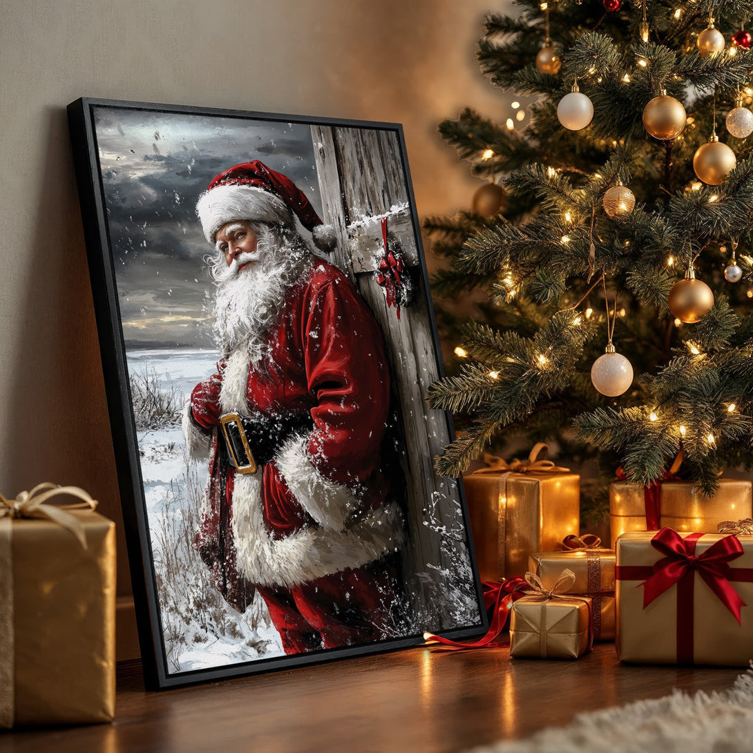 Framed Wall Art featuring Santa Claus in a snowy scene. Festive red and white colors with a black frame, perfect Christmas decor.