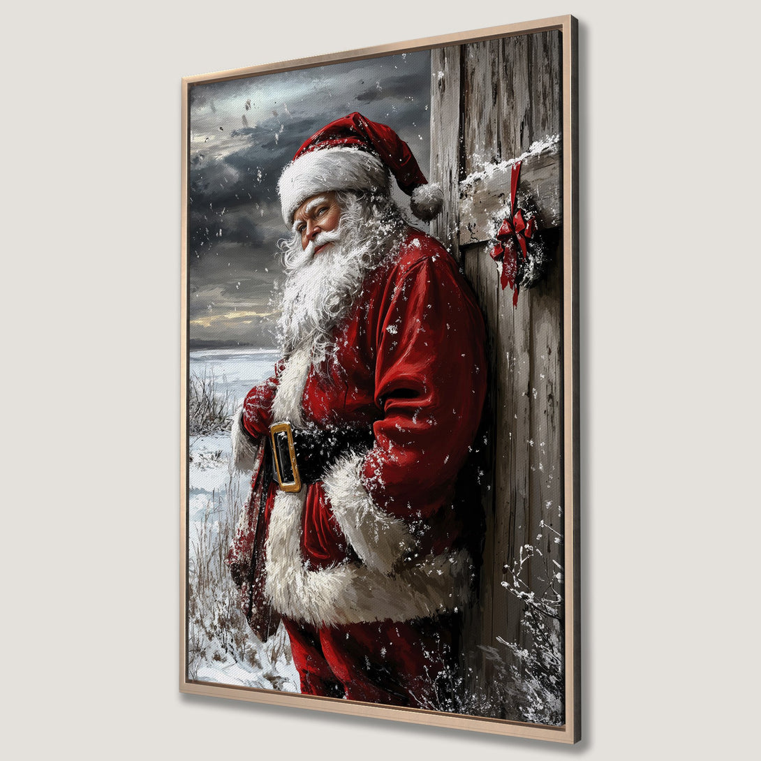 Framed Wall Art of Santa Claus in a winter scene. Rustic style with red, white, and brown color palette. Perfect Christmas decor!
