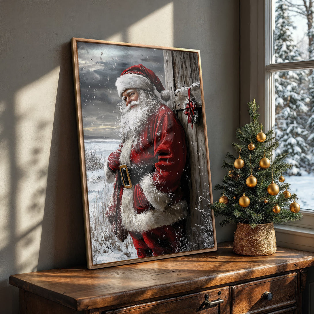 Framed Wall Art featuring Santa Claus in a snowy landscape. Classic holiday art with a warm red and white color palette, perfect for Christmas decor.