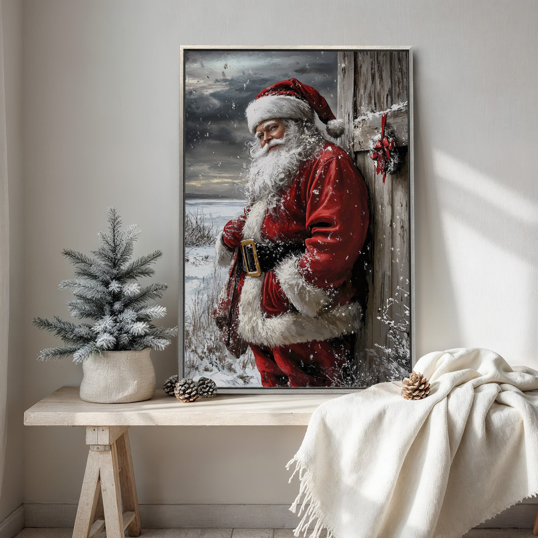 Framed Wall Art: Santa Claus in winter scene. Festive Canvas Print featuring a classic holiday image with red, white, and gray tones. Perfect Christmas decor.