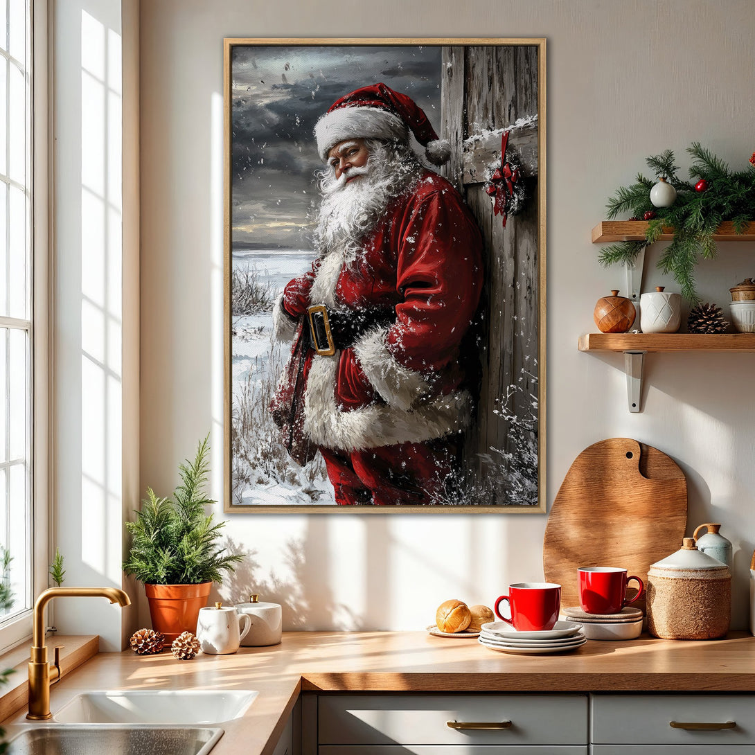 Framed Wall Art of Santa Claus in a winter scene. Festive red, white, and gray color palette. Perfect Christmas decor for your home!