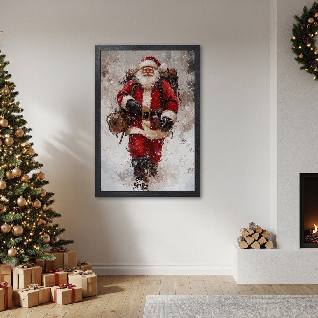 Framed Poster featuring Santa Claus in a painterly style, red and white color palette, perfect Christmas decor.