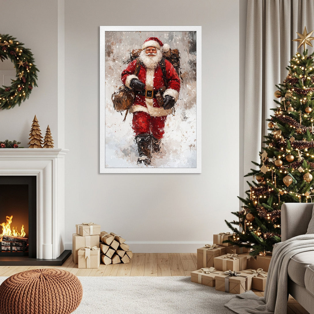 Framed Poster featuring Santa Claus in a painterly style with a red and white color palette, perfect for Christmas decor.