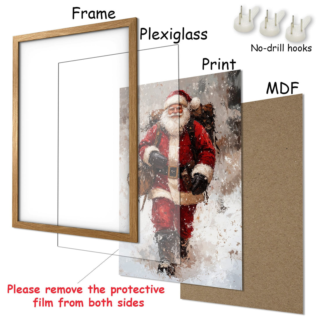 Framed Poster featuring Santa Claus in a painterly style. Red, white, and neutral color palette for a festive touch. Ready to hang!