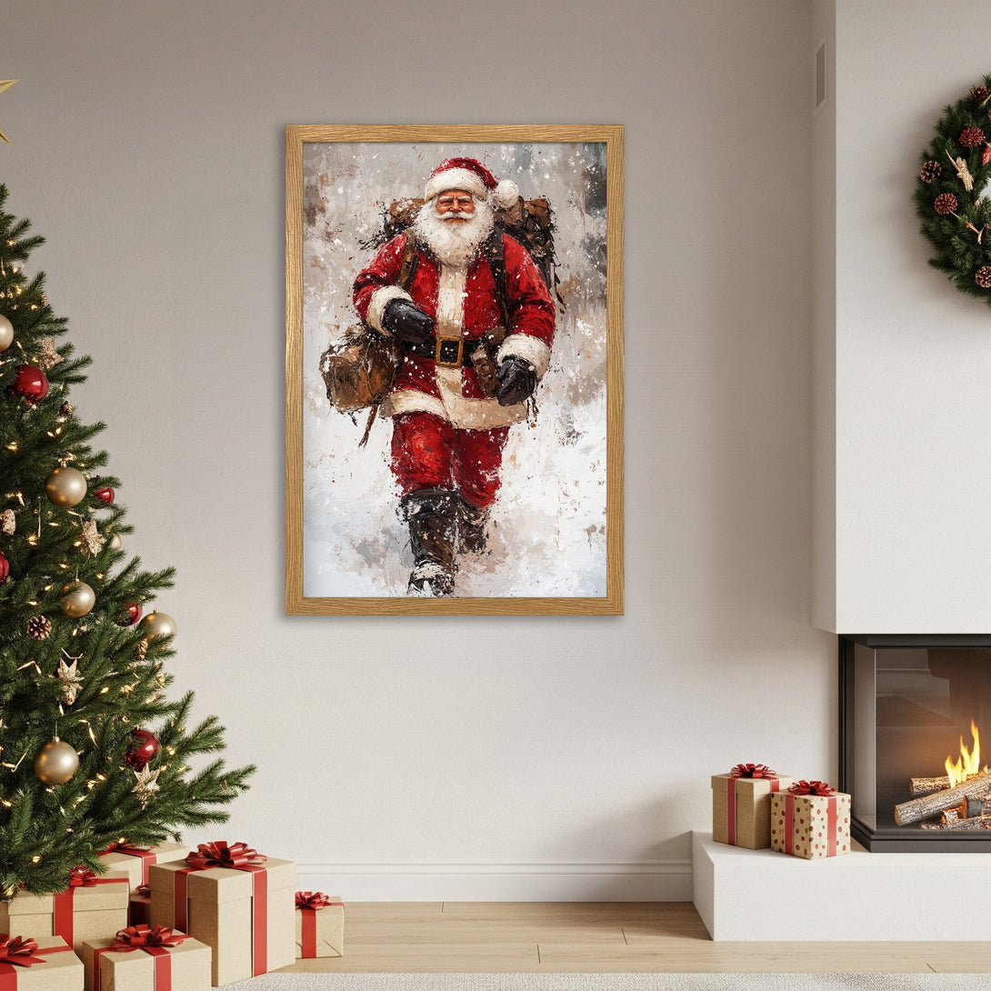 Framed Poster of Santa Claus in a painterly style, featuring a red and white color palette, perfect for holiday decor.