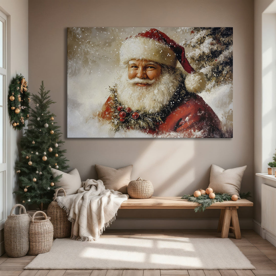 Framed Wall Art featuring Santa Claus in a warm, painterly style. Rich red and white hues create a festive Christmas vibe, perfect for holiday decor.