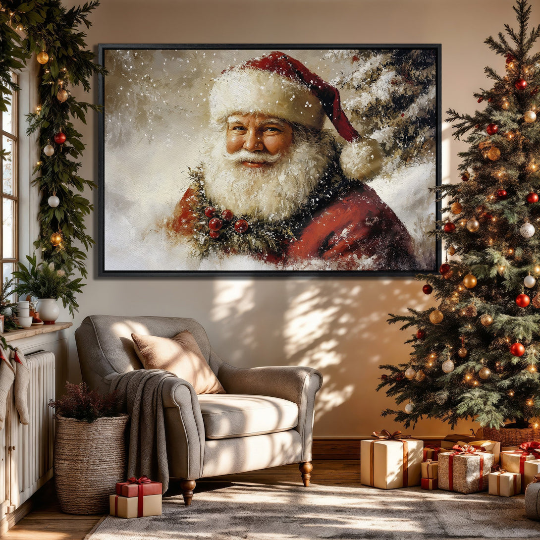 Framed Wall Art featuring Santa Claus in a cozy Christmas interior. Warm red and cream tones create a festive, inviting atmosphere. Perfect holiday decor!