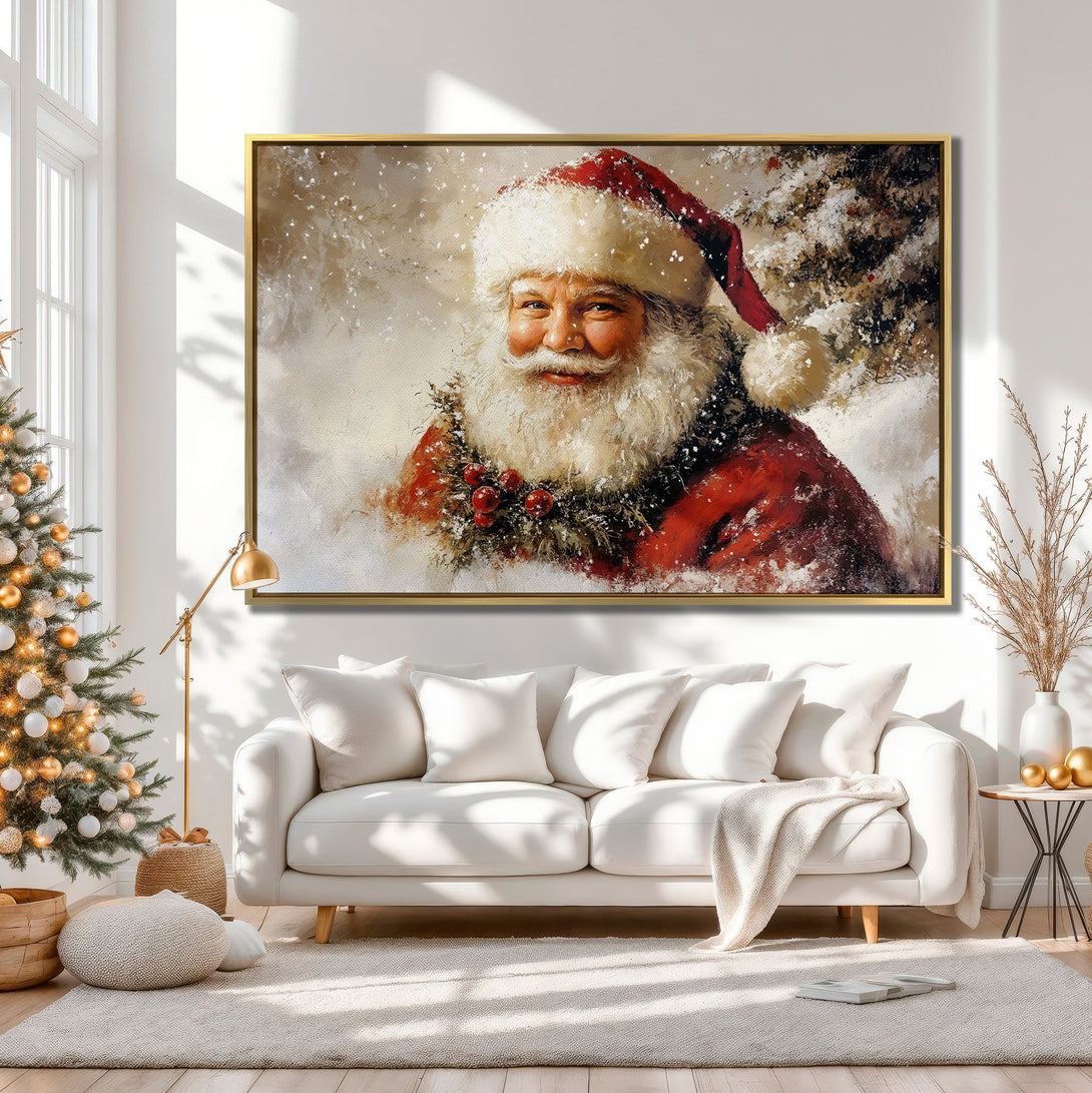 Canvas Print of Santa Claus in a warm, inviting interior. Festive art with a red, white, and beige color palette, perfect for holiday decor.