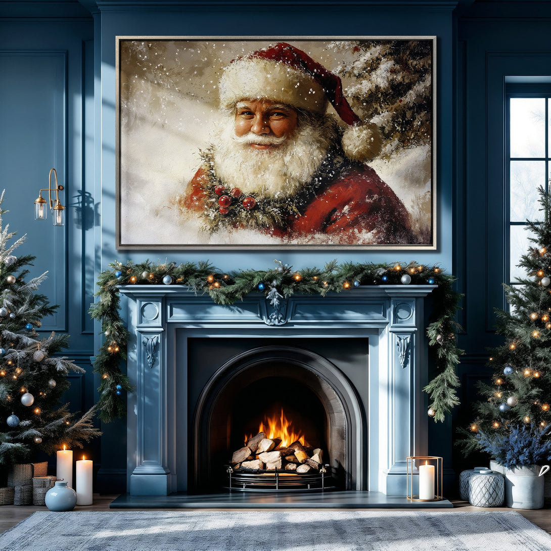 Framed Wall Art: Santa Claus painting in a cozy Christmas interior. Warm reds and whites pop against a cool blue backdrop. Perfect holiday decor!