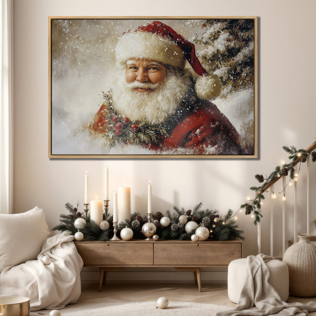 Framed Wall Art featuring Santa Claus in a snowy scene. Warm, inviting color palette of reds, whites, and browns. Perfect Christmas decor.