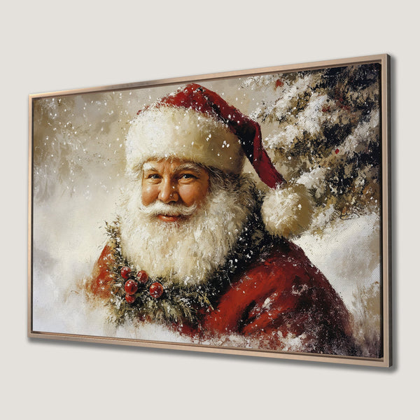 Framed Wall Art: Santa Claus portrait in a warm, painterly style. Red, white, and gold color palette. Perfect Christmas decor.
