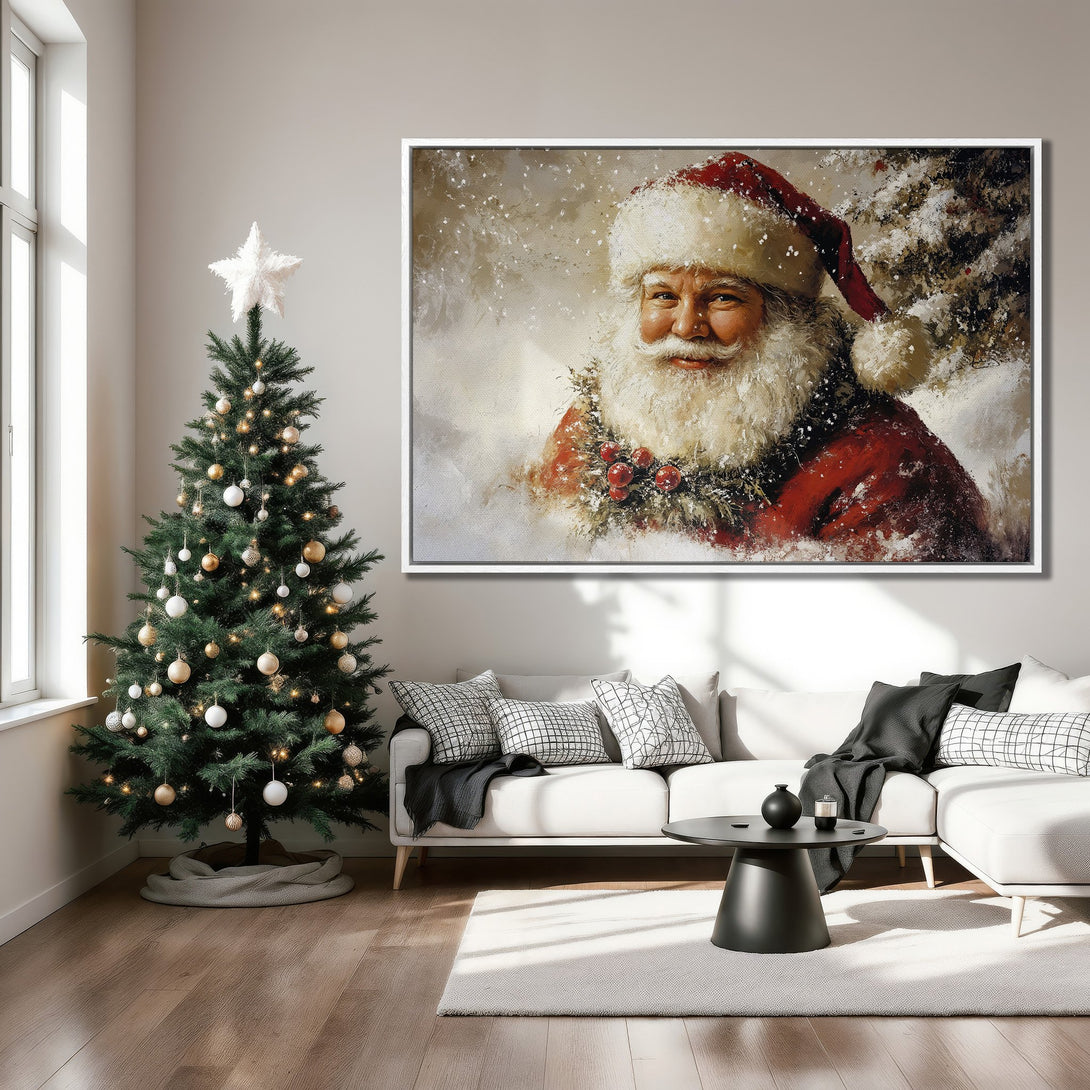 Framed Wall Art: Festive Santa Claus portrait in warm red and cream tones. Perfect holiday decor for a cozy living room. Shop Canvas Prints now!
