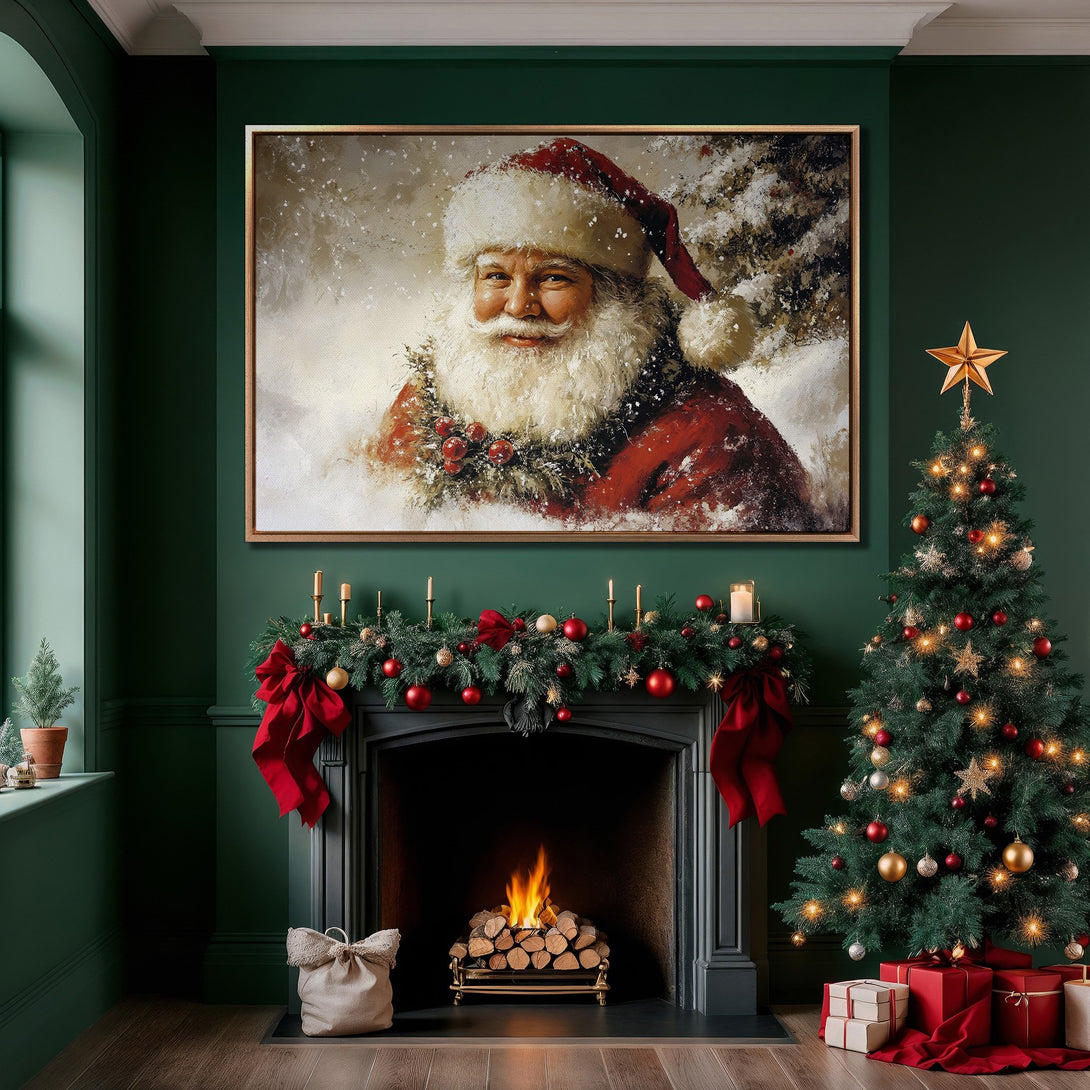 Framed Wall Art of Santa Claus, classic style, warm red & white tones, displayed above a fireplace in a festive, emerald green room.