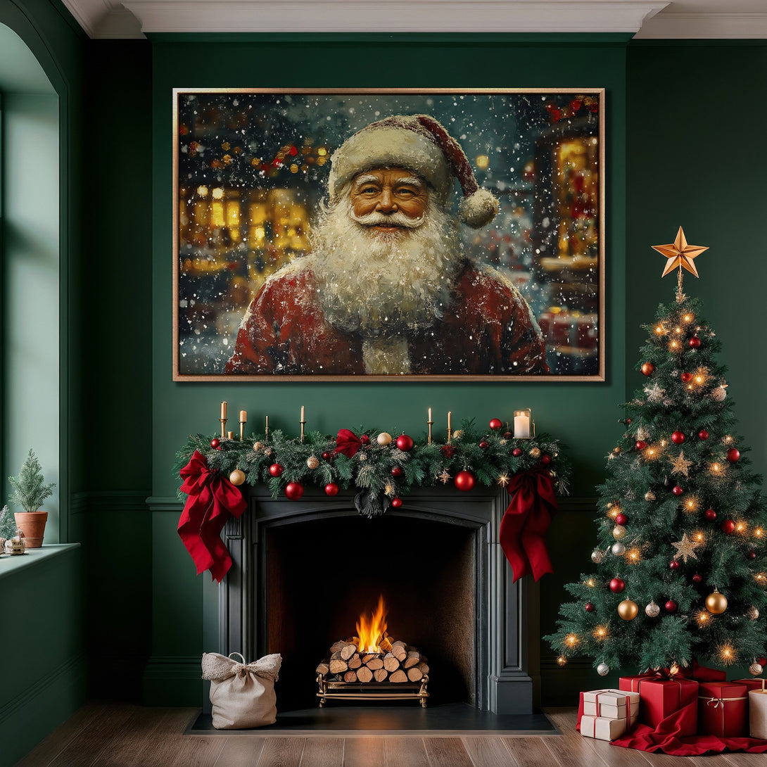 Framed Wall Art featuring Santa Claus in festive interior. Rich red & green color palette. Perfect Christmas decor. Shop Canvas Prints for the holidays!