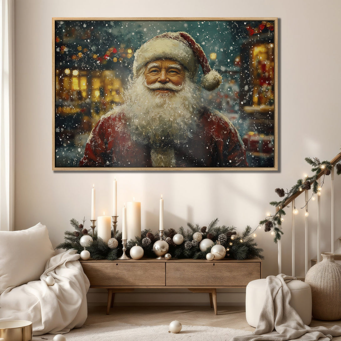 Framed Wall Art: Santa Claus portrait canvas print in warm red and green tones. Festive holiday decor for a cozy Christmas aesthetic.