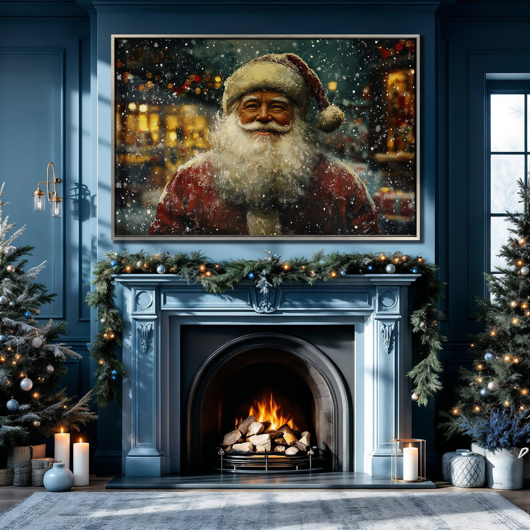 Framed Wall Art of Santa Claus above a fireplace. Festive Christmas decor in a blue and red color palette. Bring holiday cheer to your home!