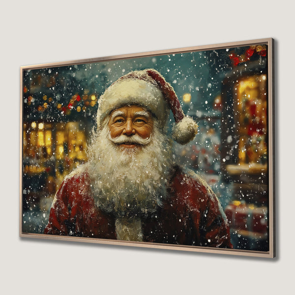 Framed Wall Art: Santa Claus portrait in a snowy scene. Festive red, white, and gold color palette. Perfect Christmas decor!
