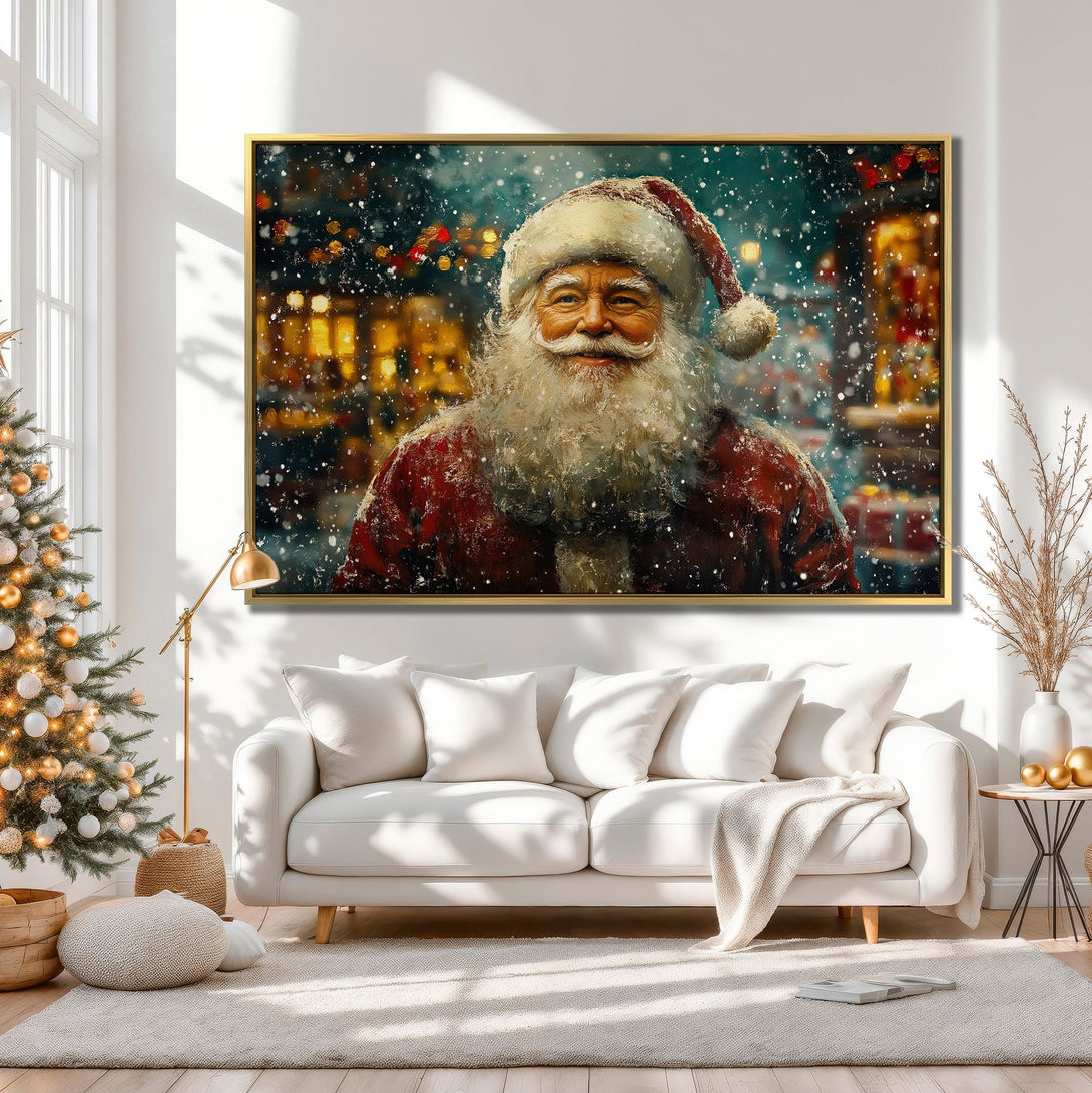 Canvas Print of Santa Claus in a snowy scene. Warm, inviting colors and a cozy interior. Perfect Christmas wall art!