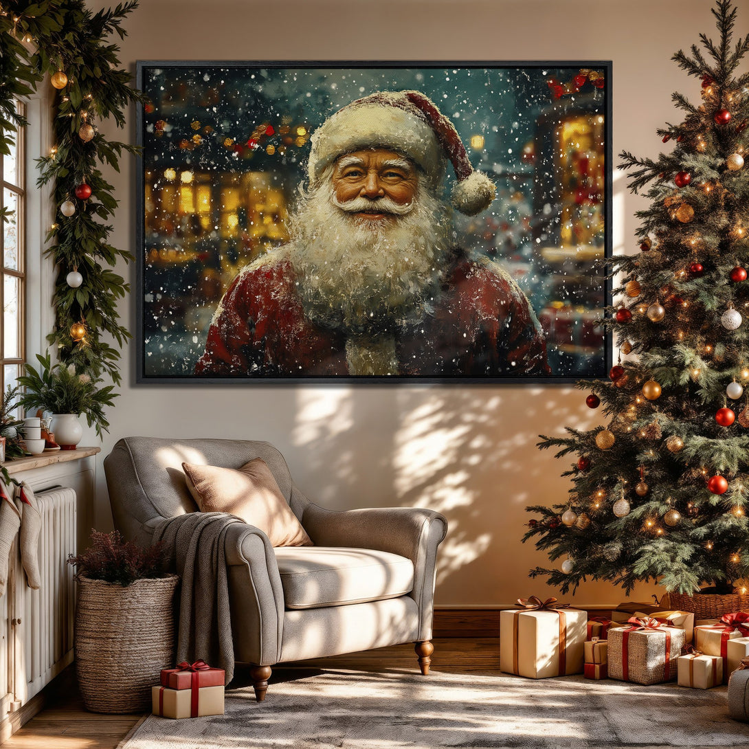 Framed Wall Art: Santa Claus portrait in a cozy Christmas scene. Warm red, gold, and green color palette. Perfect holiday decor for your home.