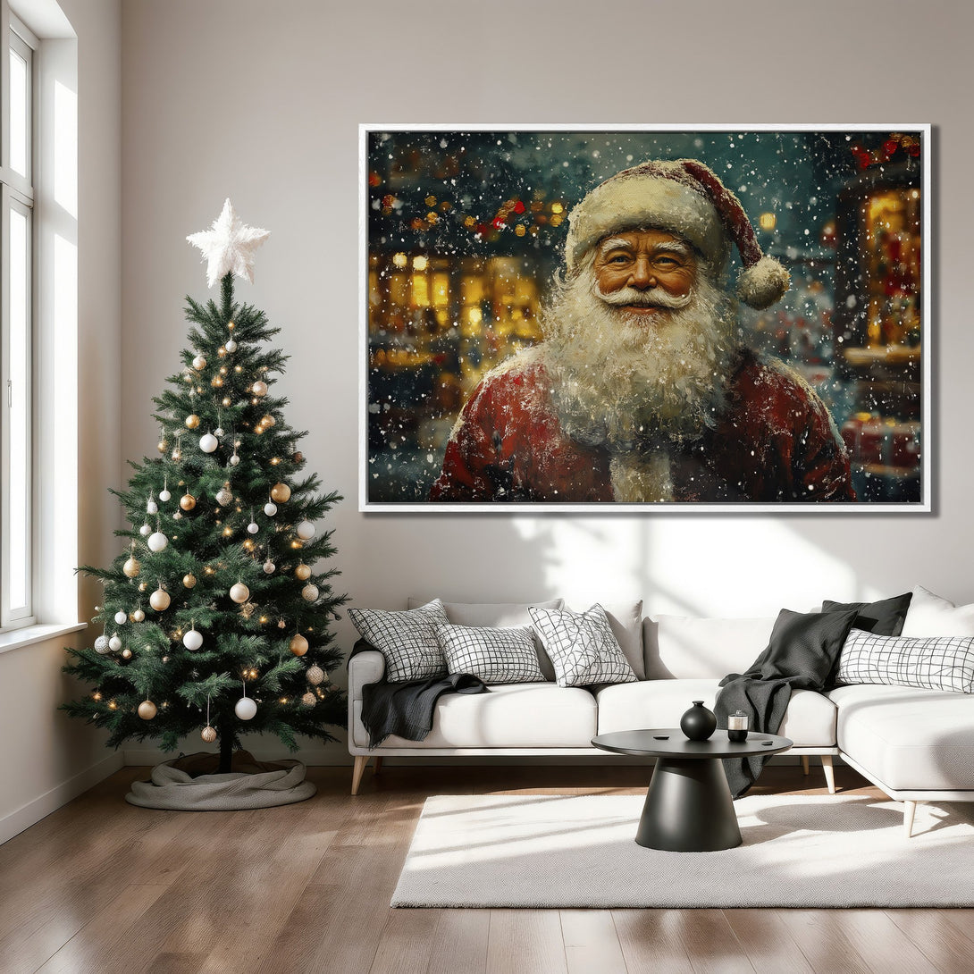 Framed Wall Art of Santa Claus in a painterly style, with a warm red, gold, and white color palette, perfect for Christmas decor.