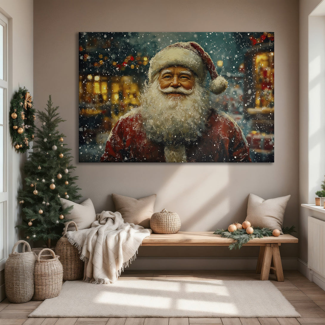Framed Wall Art: Santa Claus painting in a cozy interior. Festive red and gold color palette, perfect for Christmas decor. Add holiday cheer to your home!